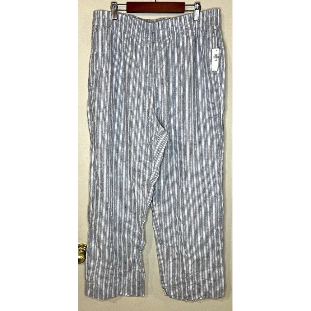 Old Navy Womens Blue & Wht Striped Linen Rayon Straight Leg Pants L Tall pocket